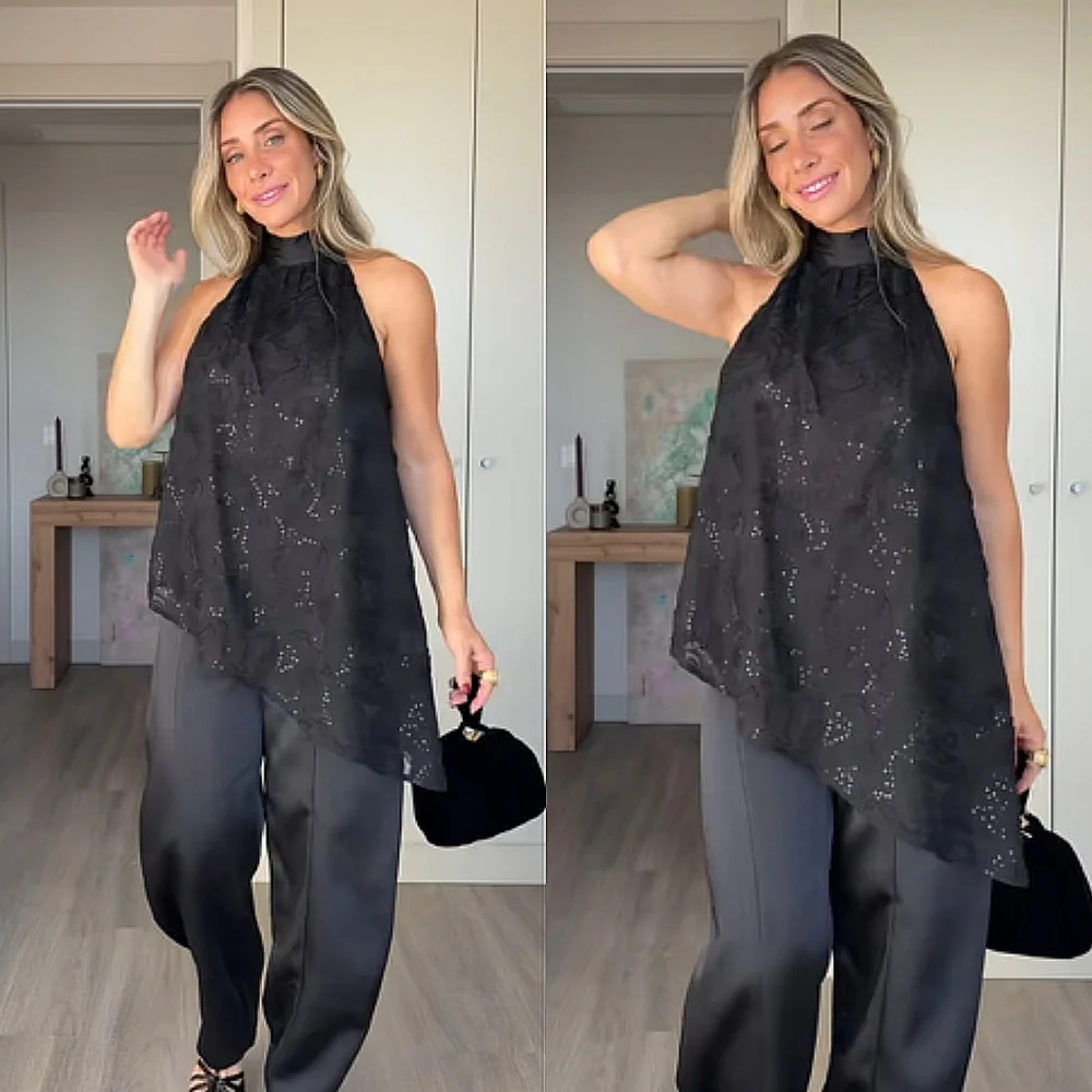 ZARA Set 2pc SEQUINED BALLOON PANTS AND TOP BLACK Size M